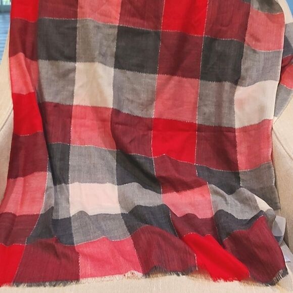 Talbot's Wool Metallic Red, Gray, & White Buffalo Check Scarf Wrap - Picture 4 of 8